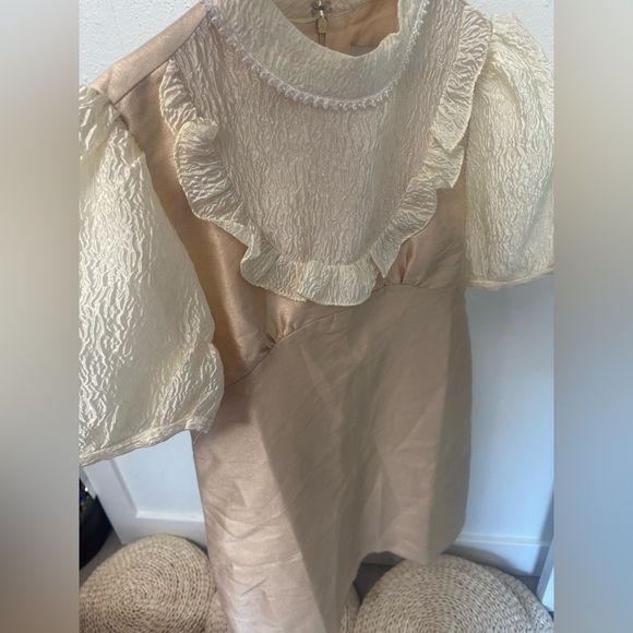 DREAM Sister Jane Satin Jacquard Lace Mini Dress In Gold - Picture 12 of 14